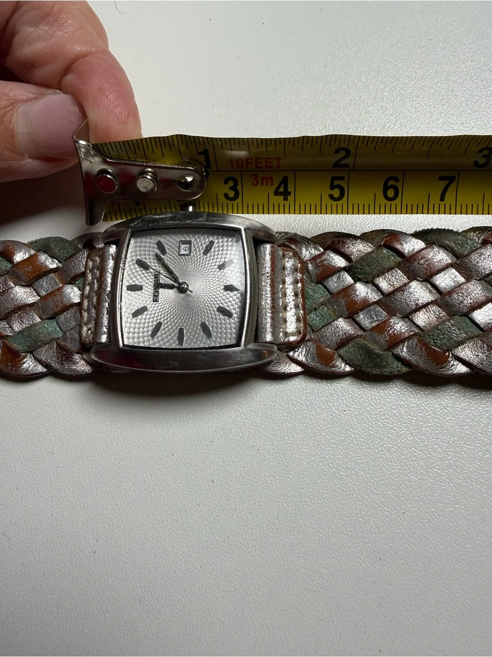Fossil Vintage Braided Leather Cuff Watch Silver Wide Band‎ Date AS IS